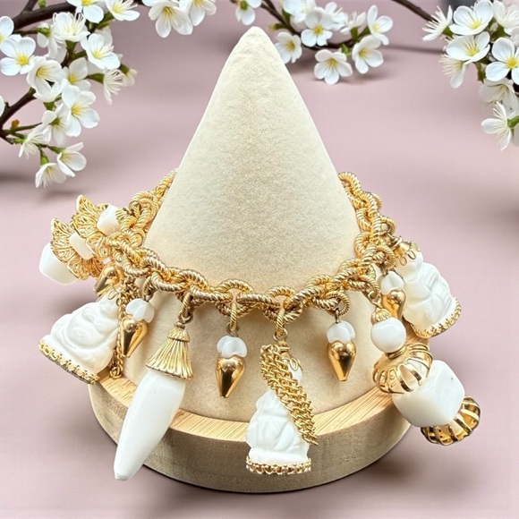 Napier Jewelry - Vintage Napier Signed Asian Buddha Art Milk Glass Lantern Charm Bracelet MCM